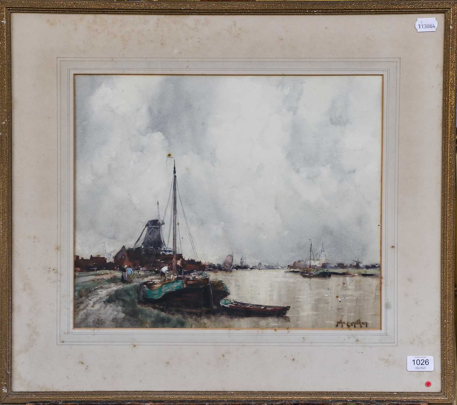 John Ernest Aitken (1881-1957)River scene with barges and windmills Signed, watercolour, 36.5cm by - Image 2 of 2