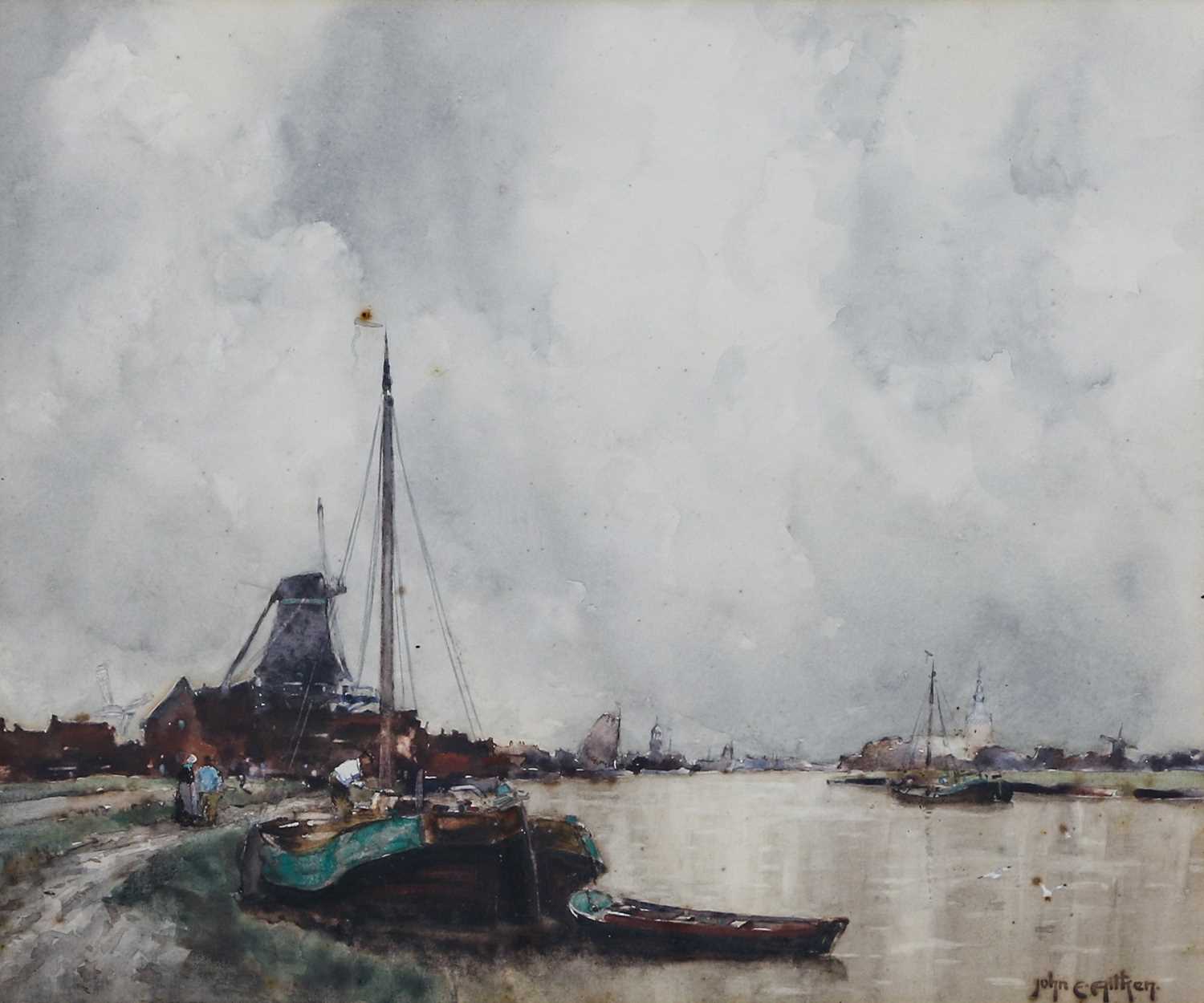 John Ernest Aitken (1881-1957)River scene with barges and windmills Signed, watercolour, 36.5cm by