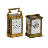 A brass striking and repeating carriage clock, circa 1900, and an enamel panelled carriage