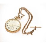 A 9 carat gold open faced Waltham pocket watch and a 9 carat gold watch chainDust cover is 9k gold