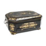 A 19th century Chinese export lacquered workbox of canted rectangular form with fitted interior