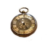 An openfaced lady's fob watch, stamped '18K'Gross weight: 36.9gramsBase metal dust cover, movement