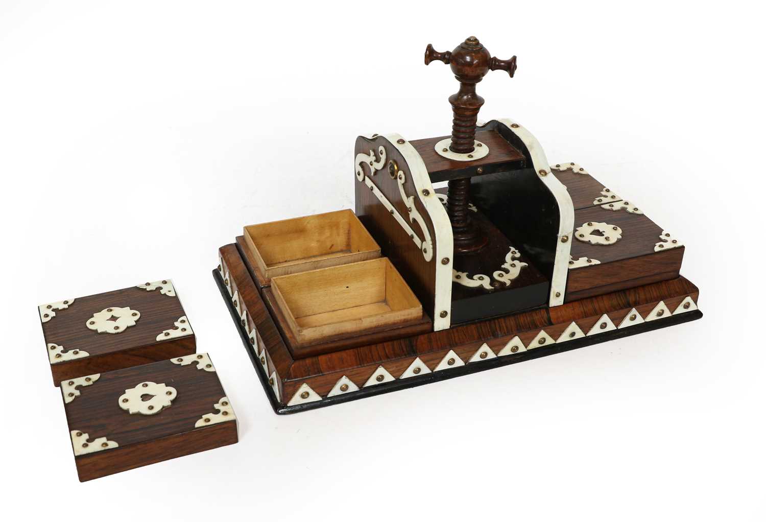 A mid Victorian rosewood and ivory mounted playing card holder, comprising four lidded boxes - Image 2 of 4