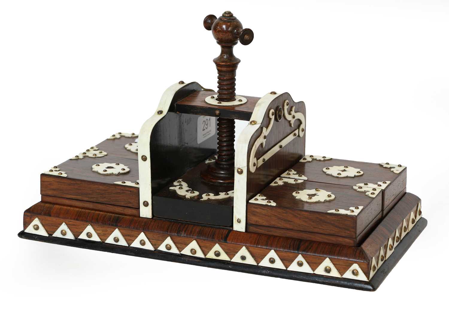 A mid Victorian rosewood and ivory mounted playing card holder, comprising four lidded boxes