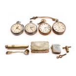 An open-faced pocket watch with case stamped 0.935, plated pocket watch, two other pocket watches,