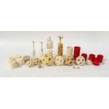 Four 19th century Cantonese carved ivory puzzle balls on stands, other loose puzzle balls;