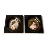 Two 19th century ivory portrait miniatures each depicting a maiden in classical style in hardwood