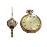 Ladies 9ct gold wristwatch and gold plated pocket watchWatch in going order, gross weight - 16.