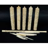 Five 19th century Cantonese carved ivory bodkins with tools; together with a similar sheroot