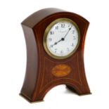 A mahogany inlaid mantel timepiece, circa 1910, single barrel movement with a later platfoem lever