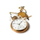 An open-faced gold plated pocket watch, together with a two-color gold watchchain with t-bar stamped