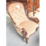 A Victorian buttoned part upholstered chair with down-scolled arms