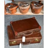 Three vintage leather hat boxes, together with two small leather suitcases