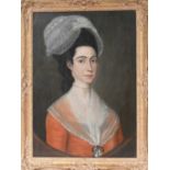 British School (18th century)Portrait of a lady in a red dress, white shawl and hatOil on canvas,