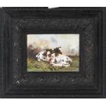 * Noyes (Contemporary) A pair of calves at rest Signed, oil on panel, 12.5cm by 17.5cm, contained in