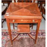 An Edwardian inlaid mahogany envelope card table 53cm square by 75cm