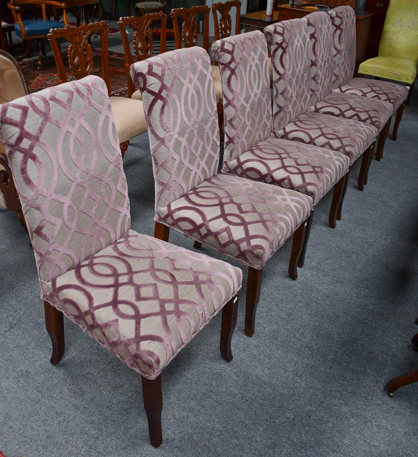A set of eight dining modern high backed chairs, six upholstered in purple velvet overlay and two
