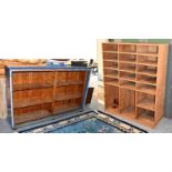 A pitch pine school shelving unit, 120cm by 41cm by 146cm, together with a painted pine open