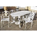 A white painted aluminium six foot garden table, and six matching armchairs (7)