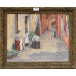 Audrey Steven (20th century)Continental street scene with women mending lace Signed, oil on board,