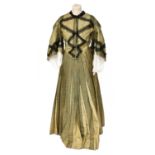 19th Century Green and Black Striped Silk Two-Piece, with black lace and velvet ribbon appliqués