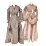 A 19th Century Caramel Moire Silk Dress, with long sleeves, gathered trims to the neck, bodice,