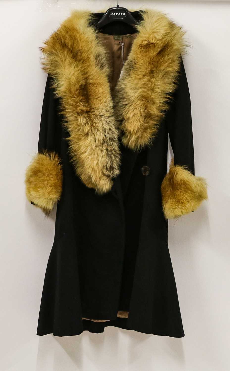 Circa 1920's Black Wool Evening Coat with fox fur trimmed cuffs and collar, single button fastening;