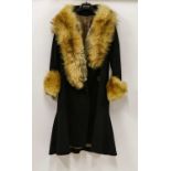 Circa 1920's Black Wool Evening Coat with fox fur trimmed cuffs and collar, single button fastening;