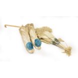 Pair of Circa 1800-1810 White Silk Ankle Boots, with leather soles and blue silk floral rosettes