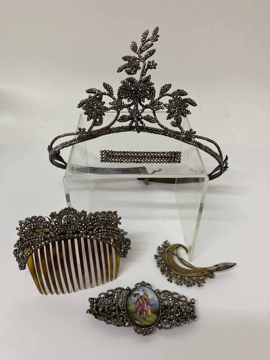 19th Century and Later Cut Steel Jewellery, comprising a decorative tiara with rotating flower heads