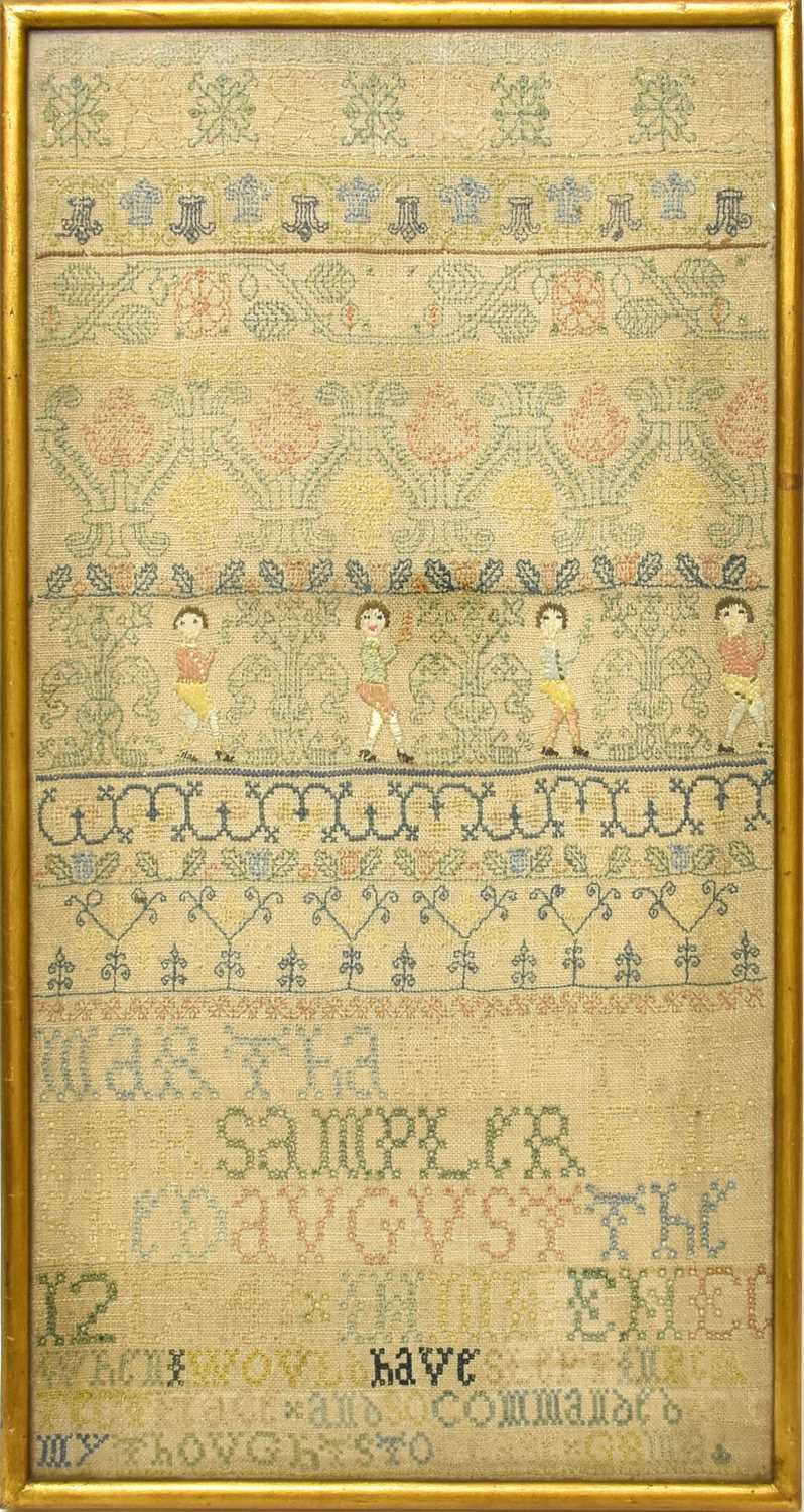 A Decorative Band Sampler Worked by Martha Hayter Dated 1741, worked on linen in coloured threads