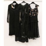 Early 20th Century Evening Wear, comprising a black silk and net sleeveless drop waist dress, with