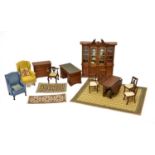 Modern Dolls House 1/12th Scale Furniture, comprising a breakfront bookcase with swan neck