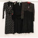 Circa 1920-30s Dresses, comprising a navy crepe long sleeve dress with a 'T-shape' pattern, scoop