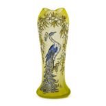 A French Art Deco Legras Glass Vase, enamelled with a peacock and white flowers, signed Leg, 27.