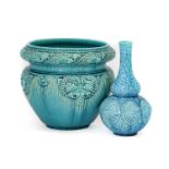 A Burmantofts Faience Pottery Vase, turquoise glaze, impressed B F 1007, 22cm high; and A