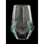 A Daum Clear Glass Vase, mounted with green and blue pâte de verre, signed Daum France, 23.5cm high
