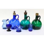 Green and blue glass decanters, sunderland blue glass etc