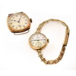 A 9 carat gold cushion shaped wristwatch and a lady's 9 carat gold Record wristwatch, the attached