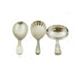 Three George III or George IV Silver Caddy-Spoons, One by Elizabeth Morley, London, 1800, Fiddle