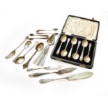 A Cased Set of Six Silver Teaspoons and a quantity of silver plate flatware (qty)