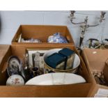 A quantity of metalware including brass oil lamp (converted) brass candlesticks, silver plated