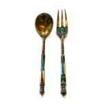 A Russian Silver-Gilt and Enamel Spoon and Fork, Differing Maker's, Late 19th Century, each with