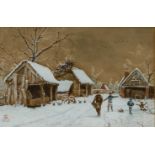 British School (19th/20th century) Three village scenes in winter Monogrammed and dated 1885,