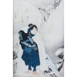 A collection of Japanese Meiji period woodblock prints, depicting Kabuki theatre, winter scene,