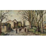 James Hardacre (20th century) Village street scene Signed and dated 1971, oil on board, 43cm by 79cm