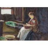 Scottish school (early 20th century) Kitchen interior scene, a woman preparing vegetables Oil board,