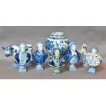 Five Delft busts raised on socle plinths and titled, Marat, Nelson, Louis XVI, Robespierre and