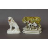 A Staffordshire porcelain Lloyd type model of a leopard and a spotted hound, circa 1830, raised on a