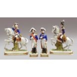 A pair German porcelain equestrian military figures, 20th century, inscribed Davoust and Dorsenne to